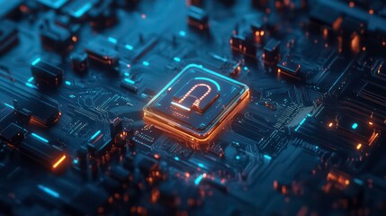 Fototapeta premium A glowing padlock symbol on a futuristic circuit board, with neon blue and orange lighting, suggesting cybersecurity, data protection, and digital safety.