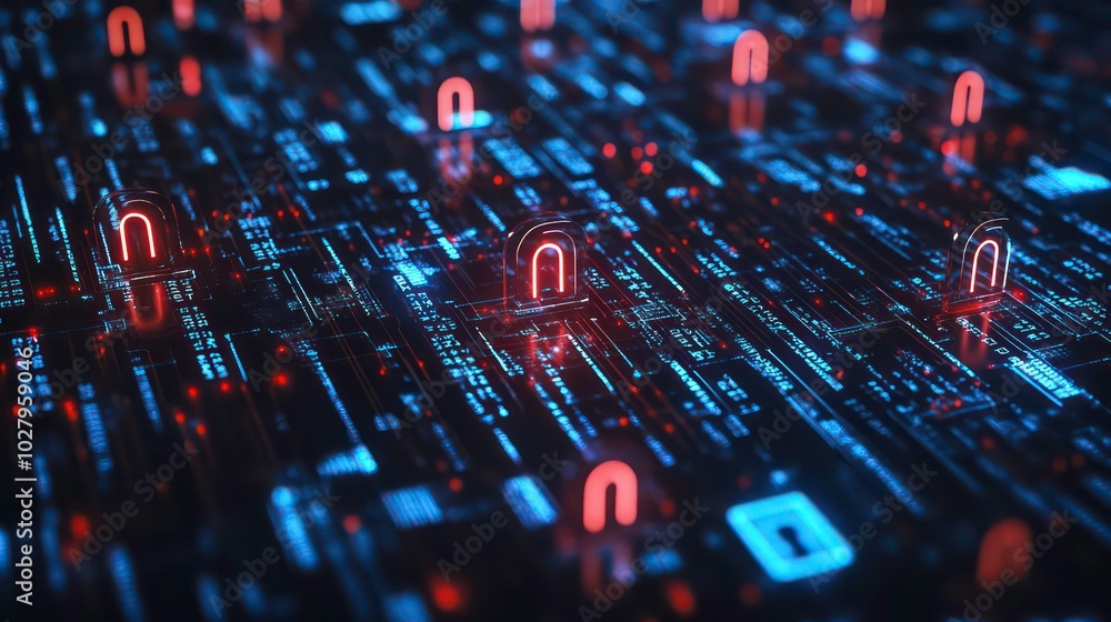 Poster abstract 3d rendering of glowing red and blue unlock icons on a circuit board background.
