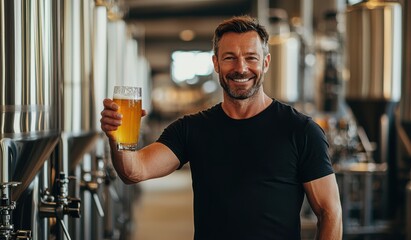 Happy man in his thirties enjoying a glass of beer in a brewery wearing a black t-shirt