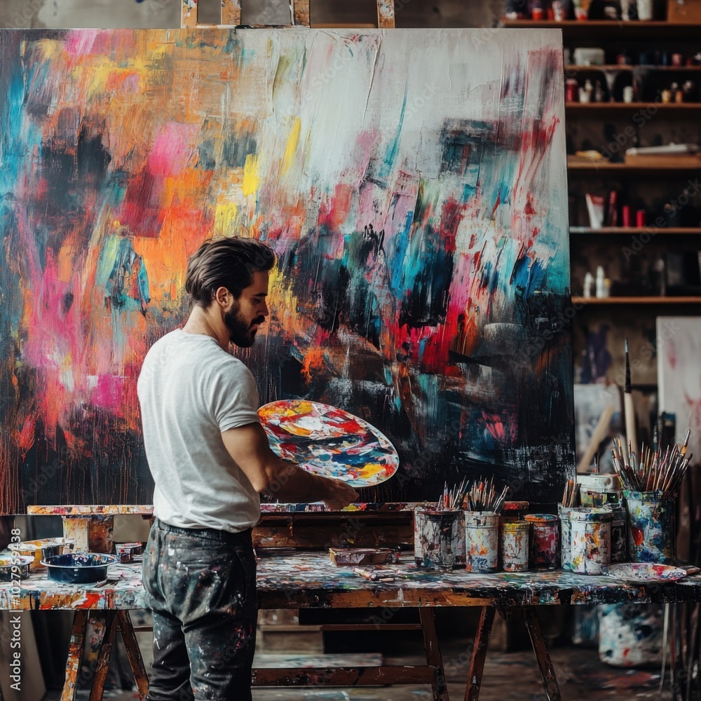 Poster artist in a studio, standing in front of a large canvas while holding a palette and brush