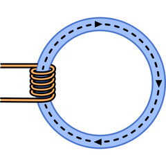 Magnetic flux lines due to a coil in the presence of a toroid of magnetic material. Vector color illustration.