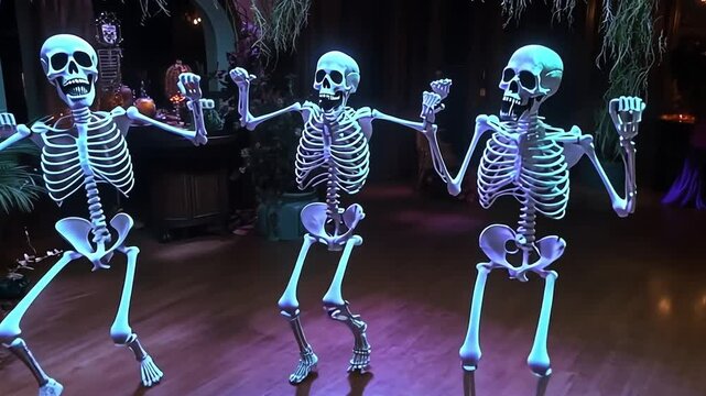 Three skeletons dancing in a dimly lit room.