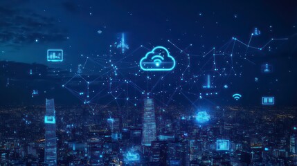 A glowing cloud computing icon over a city skyline with connected icons representing data and technology.