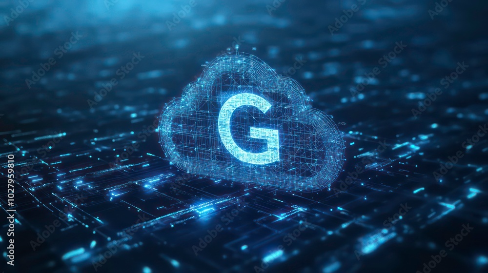 Poster a glowing white letter 'g' in a cloud shape hovers above a digital circuit board, representing cloud