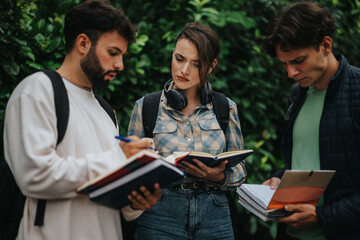 A group of students engaged in discussion outdoors, holding notebooks and textbooks. The setting is natural, suggesting a study group or collaborative learning environment.