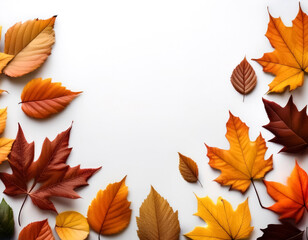 frame of autumn leaves, lying down, isolated on a white background