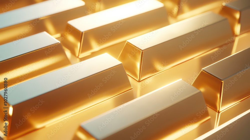 Poster close-up shot of multiple gold bars arranged in a neat pattern, illuminated by a warm light.