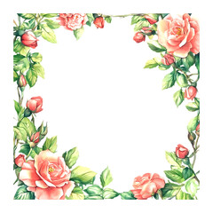 Watercolor frame template with roses and leaves for beautiful design projects