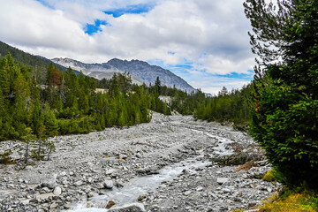 Obraz premium Zernez, Ofenpass, Bach, Ova dal Fuorn, Wanderweg, Uferweg, Passstrasse, Engadin, Nationalpark, Alpen, Herbst, Herbstfarben, Graubünden, Schweiz