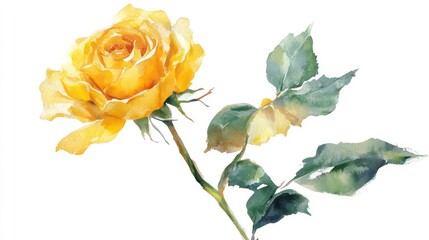 Obraz premium A single yellow rose with green leaves, painted in watercolor.