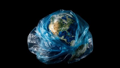 Visual Metaphor of Earth Wrapped in a Plastic Bag, Highlighting the Global Environmental Crisis and Pollution Impacting Air and Water Systems Against a Blue Gradient Background.