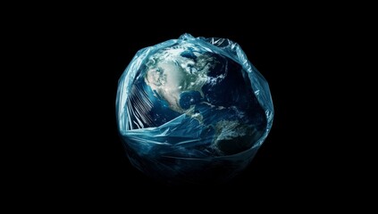 Visual Metaphor of Earth Wrapped in a Plastic Bag, Highlighting the Global Environmental Crisis and Pollution Impacting Air and Water Systems Against a Blue Gradient Background.