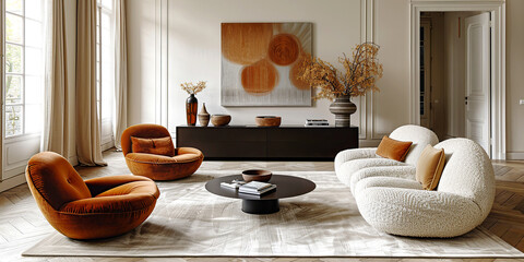 Minimalist interior design of modern living room with orange velvet chairs, boucle armchairs and neutral tones in a chic and cozy setting.