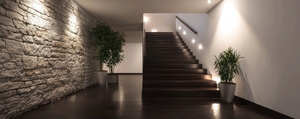 Expansive render of a modern entrance hall with dark wood staircase, white walls, and a left side stone wall, illuminated in high-definition