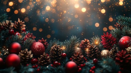 Fototapeta premium Christmas tree with red baubles, fir cones and lights bokeh background. Space for text. Copy space. Greeting card.