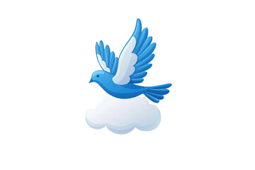 A cheerful blue bird flying above a fluffy white cloud, vibrant colors and whimsical design. isolated on transparent background.