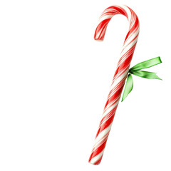 A festive candy cane with red and white stripes and a green ribbon on a white background. isolated on transparent background.