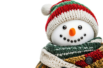 A cheerful snowman dressed in a knitted scarf and festive hat, ready for winter fun. isolated on transparent background.
