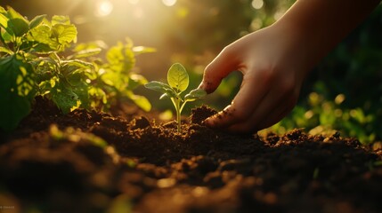 Fototapeta premium A hand carefully planting a young seedling in rich soil under bright sunlight for sustainable growth
