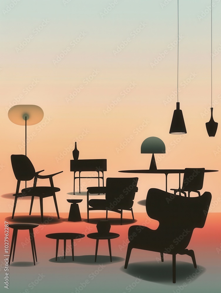 Poster silhouettes of various furniture pieces like chairs and lamps create a striking visual against a cal