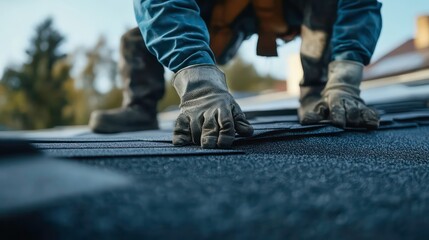 A construction worker wearing gloves is installing shingles on a roof.