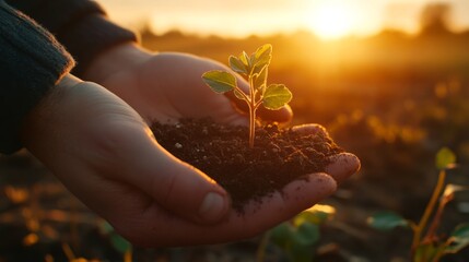 Fototapeta premium Hands Holding a Growing Plant in Soil Under a Beautiful Sunset