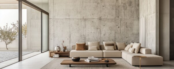 Expansive ultra-wide view of a modern living room with a beige sofa, coffee table, and a minimalist concrete wall