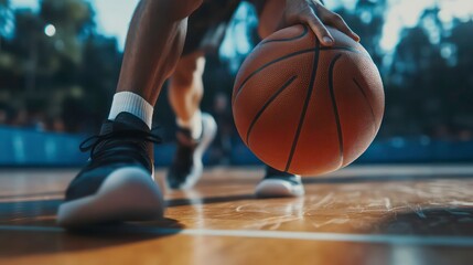 Naklejka premium Close-up of a basketball player's legs and feet as they dribble the ball on a basketball court.