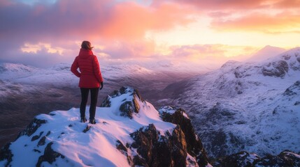 Fototapeta premium A solo hiker stands on snowy mountain peak, gazing at a stunning sunrise. Nature’s beauty inspires adventure and exploration.