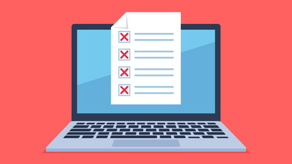 Illustration of a laptop with a document on the screen featuring a checklist of tasks, each marked with a red "X," indicating failure or mistakes. The background is red color, highlighting the errors