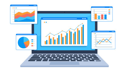 Laptop screen displaying multiple data charts, including bar, line, area, and pie charts. The charts represent data analysis or financial reports, with green leaves in the background