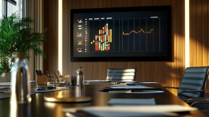 Modern conference room with data display on screen and stylish furniture for effective business meetings