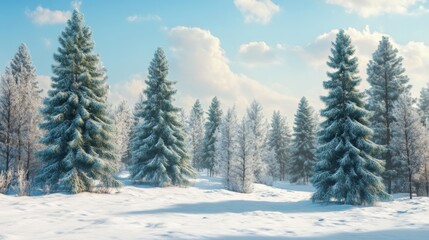 Enchanting Winter Landscape with Snow-Covered Pine Trees in Soft Pastel Colors