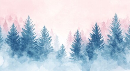 Enchanting Winter Landscape with Snow-Covered Pine Trees in Soft Pastel Colors