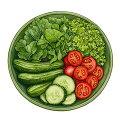 Fresh vegetables including cucumbers, tomatoes, and leafy greens in a bowl. isolated on transparent background.