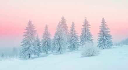 Naklejka premium Enchanting Winter Landscape with Snow-Covered Pine Trees in Soft Pastel Colors