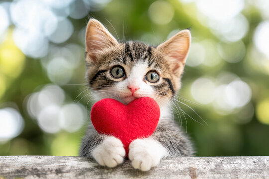 Little cat holding red heart in hands. Love, help, social responsibility, donation, charity, pet shelter, adoption concept
