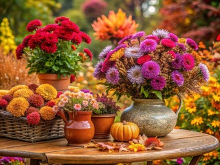 Fototapeta premium Autumn Asters and Heathers on a Garden Table - Captivating Floral Arrangement with Rich Colors, Nature’s Beauty, Seasonal Decor, Garden Inspiration, Outdoor Living, Fall Vibes