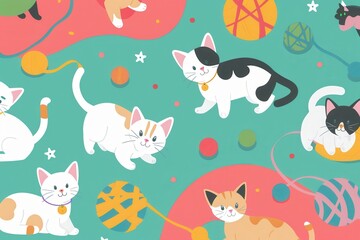 Charming cats are happily engaging with assorted toys, balls, and yarn in a vibrant, playful environment filled with color. Generative AI