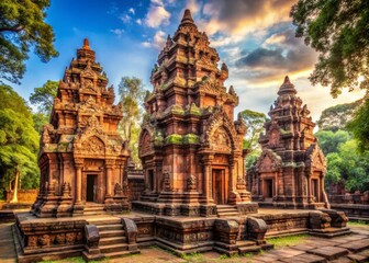 Fototapeta premium Banteay Srei Temple Pagoda - Stunning Architectural Photography of Cambodia's Ancient Beauty, Intricate Carvings, Lush Surroundings, and Cultural Heritage in Siem Reap's Historic Landscape