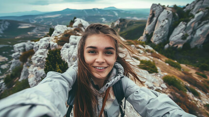 Naklejka premium Young Woman Smiling on Mountain Summit, Embracing Adventure and Freedom in Nature's Expansive Beauty