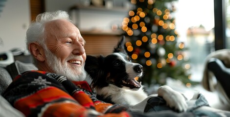 Caucasian elderly man with a gray beard joyfully relaxing with a dog in front of a Christmas tree. Concept of holiday spirit, companionship, festive joy
