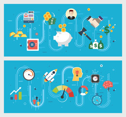 Vector graphic illustration of icon set with concept of financial success, innovation, and business growth, savings, investments, and technology. 