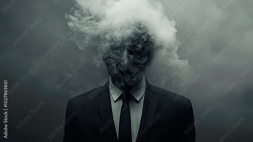 Poster a man in a suit with a face obscured by smoke, creating an eerie and mysterious effect.