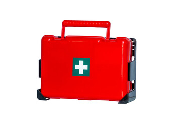 Red first aid kit isolated on white background. Wall first aid kit box