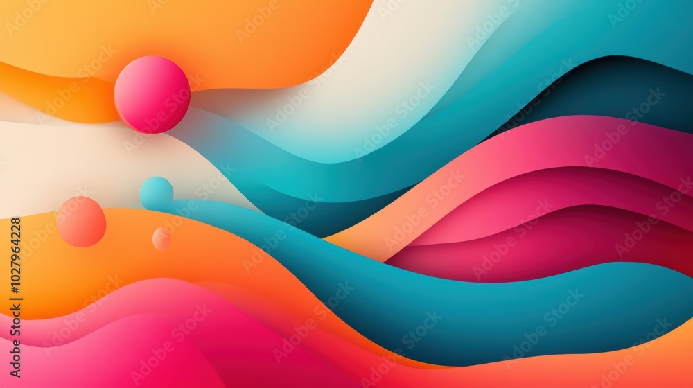 Poster abstract wavy design with colorful 3d spheres and gradient background. modern art