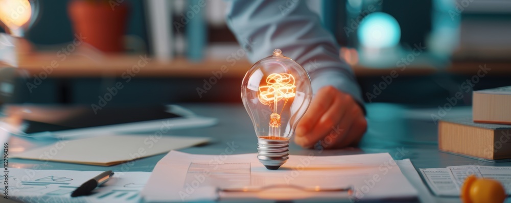 Poster innovative idea concept with light bulb and brainstorming session.