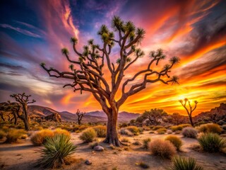 Obraz premium Closeup of a Dead Tree in Joshua Tree National Park at Sunset - Capturing Nature's Beauty and Resilience