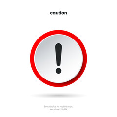 Caution icon, exclamation mark, warning signs. Isolated attention triangle symbol on white background. Warning alert error concept with neumorphism style. Warning icon push button.