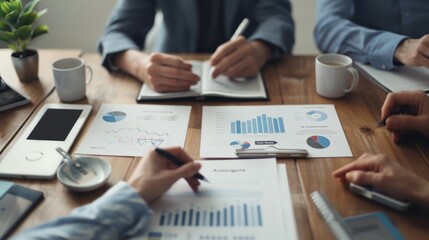 Business meeting with four professionals analyzing financial data.